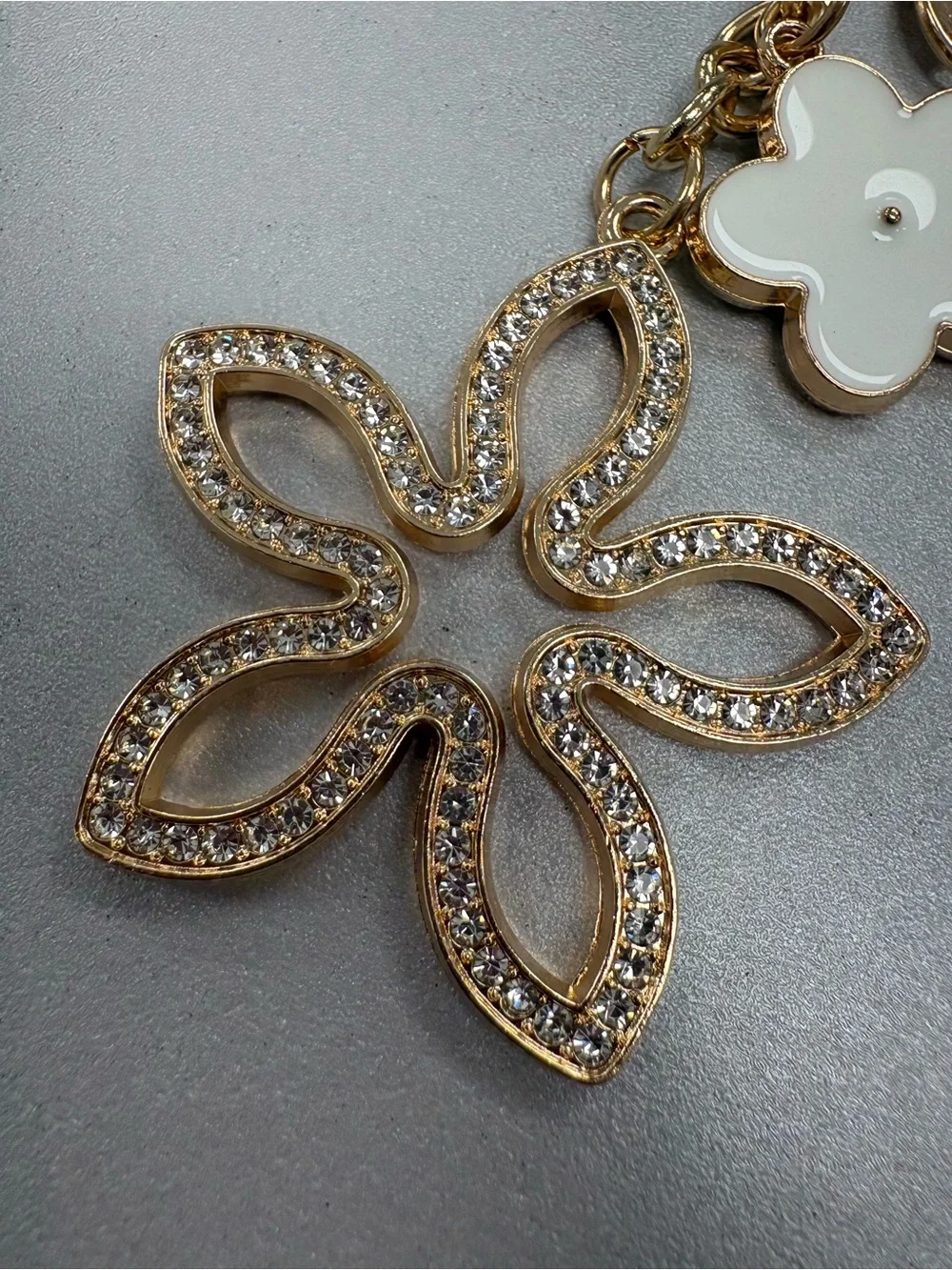 Gold Rhinestone Enamel Flower Charm Keychain Love Forever